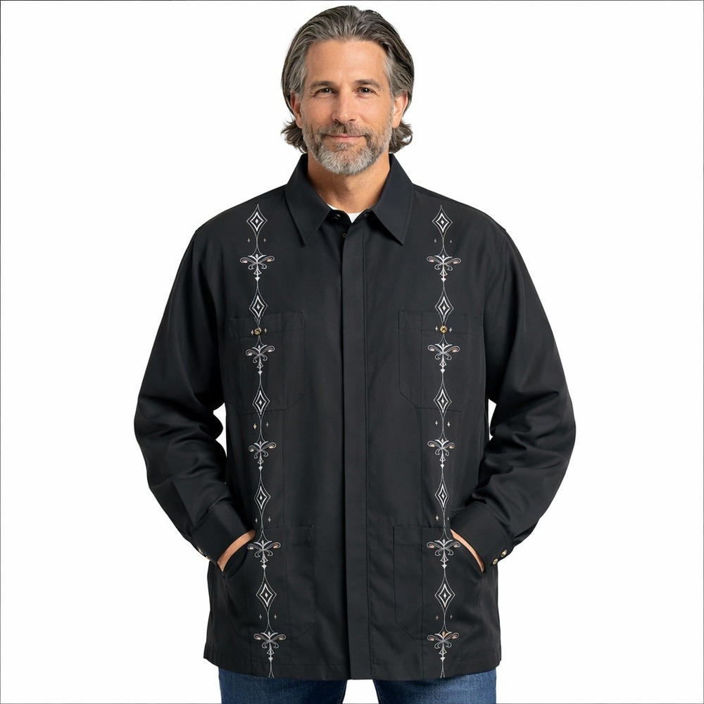 Irvine Park Mens Black Embroidered Guayabera Zip Front‎ Shirt Long Sleeve Large